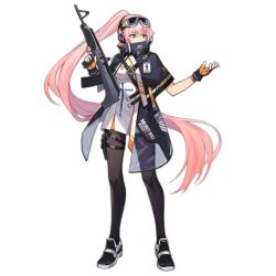 Rule 34 | 1girl, black coat, black footwear, black gloves, black pantyhose, blue eyes, breasts, buckle, bullpup, coat, covered mouth, dress, fingerless gloves, full body, girls&#039; frontline, gloves, goggles, goggles on head, griffin &amp; kryuger, gun, headphones, high ponytail, holding, holding gun, holding weapon, hongchajun, id card, lanyard, large breasts, long hair, m82 (girls&#039; frontline), official art, orange gloves, pantyhose, pink hair, pouch, see-through, see-through coat, shoes, simple background, snap-fit buckle, sneakers, solo, standing, thigh pouch, thigh strap, transparent background, trigger discipline, two-tone gloves, valmet m82, very long hair, weapon, weapon name, white dress