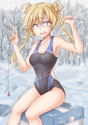 Rule 34 | 1girl, abukuma (kancolle), anti (untea9), black one-piece swimsuit, blonde hair, blue eyes, blue one-piece swimsuit, blush, breasts, collarbone, competition swimsuit, covered navel, fishing hook, fishing line, forest, hair bun, hair rings, highres, horror (theme), ice, kantai collection, long hair, looking at viewer, nature, one-piece swimsuit, open mouth, outdoors, sitting, small breasts, snow, solo, sweatdrop, swimsuit, tears, twintails, two-tone swimsuit