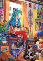 Rule 34 | 1girl, bird, calico, cat, colored eyelashes, curtains, dog, drawing (object), dress, electric fan, fish, fish (food), fishbowl, flower, food, from side, green eyes, green hair, hair flower, hair ornament, hatsune miku, highres, indoors, long hair, mimi n, multiple dogs, nigirizushi, picture frame, pinwheel, plant, red thighhighs, sitting, sleeves rolled up, striped clothes, striped dress, stuffed animal, stuffed toy, sushi, teddy bear, thighhighs, toeless legwear, twintails, vertical-striped clothes, vertical-striped dress, very long hair, vocaloid, watermark, web address, window, yarn, yarn ball