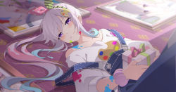 Rule 34 | 1girl, airani iofifteen, airani iofifteen (1st costume), blue hair, blue overalls, blush, bow hairband, box, closed mouth, drawing (object), gift, gift box, gradient hair, grey hair, hairband, highres, holding, holding box, hololive, hololive indonesia, looking at viewer, lying, masabodo, multicolored hair, on back, overalls, paint on body, paint on clothes, paint splatter, paint splatter on face, palette hair ornament, pink hair, print shirt, purple eyes, scrunchie, shirt, solo, star (symbol), star in eye, symbol in eye, virtual youtuber, white shirt, wrist scrunchie