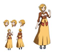 Rule 34 | 1girl, blonde hair, braid, breasts, brown eyes, character sheet, concept art, enri emmot, expressions, female focus, from behind, full body, hair over shoulder, long hair, long skirt, looking at viewer, official art, overlord (maruyama), simple background, single braid, skirt, smile, solo, standing, white background