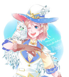 Rule 34 | 1girl, ;d, animal, animal on shoulder, ascot, bird, bird on shoulder, blue brooch, blue eyes, blue hat, blush, breasts, brown gloves, brown hair, commentary request, frilled hat, frills, fur-trimmed gloves, fur trim, gloves, happy birthday, hat, hat feather, highres, idol, idol clothes, kashikaze, love live!, love live! sunshine!!, one eye closed, open mouth, outline, owl, red brooch, short hair, small breasts, smile, solo, teeth, two-tone headwear, upper body, upper teeth only, watanabe you, white ascot, white hat, white outline, wing hair ornament