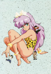 Rule 34 | 1girl, 3boys, animal print, anklet, aqua eyes, bad feet, barefoot, bracelet, hairband, highres, jewelry, legs, leopard print, leotard, long hair, looking at viewer, mini person, miniboy, mon mon, multiple boys, nail polish, pink hair, precure, red nails, scan, smile precure!, thighs