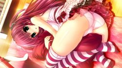 Rule 34 | 1girl, :o, ass, blush, dress, feet, game cg, green eyes, highres, hug, hugging object, long hair, lying, no shoes, official art, on side, oshiki hitoshi, panties, pillow, pillow hug, red hair, sakigake generation!, soles, solo, striped clothes, striped thighhighs, thighhighs, toes, underwear, white panties, yukinomiya anon
