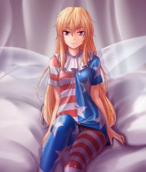 Rule 34 | 1girl, aged up, american flag dress, american flag legwear, arms at sides, asymmetrical legwear, bed sheet, blonde hair, clownpiece, eyebrows, fairy wings, flag print, frilled shirt collar, frills, hater (hatater), highres, long hair, looking at viewer, mismatched legwear, neck ruff, no headwear, pantyhose, pink eyes, print pantyhose, print shirt, shirt, short sleeves, smile, solo, star (symbol), star print, striped clothes, striped pantyhose, striped shirt, touhou, very long hair, wings