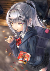 Rule 34 | 1girl, absurdres, asobeco, backpack, bag, bench, black skirt, black thighhighs, blue jacket, blush, breasts, eating, melusine (fate), fate/grand order, fate (series), food, forked eyebrows, hair ornament, hairclip, highres, hood, hooded jacket, jacket, long hair, long sleeves, looking at viewer, pocky, ponytail, sidelocks, skirt, small breasts, solo, thighhighs, thighs, white hair, yellow eyes