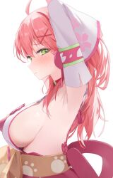 Rule 34 | 1girl, absurdres, ahoge, arm behind head, arm up, armpits, blush, breasts, cherry blossom print, detached sleeves, floral print, green eyes, hair between eyes, hair ornament, hairclip, highres, hololive, large breasts, long hair, looking at viewer, nel dcm, paw print, paw print pattern, pink hair, presenting armpit, sakura miko, sakura miko (1st costume), sideboob, sideless kimono, solo, sweat, virtual youtuber, x hair ornament