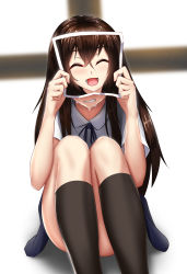 Rule 34 | 1girl, black socks, blurry, closed eyes, commentary request, convenient leg, covering face, crying, depth of field, highres, kneehighs, long hair, neck ribbon, nekoda (maoda), open mouth, original, photo (object), ribbon, school uniform, shirt, sitting, smile, socks, solo, streaming tears, tears, white shirt