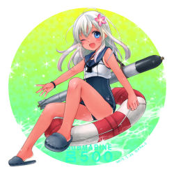 Rule 34 | 10s, 1girl, blonde hair, blue eyes, crop top, flower, hair flower, hair ornament, highres, innertube, kantai collection, long hair, one-piece swimsuit, one eye closed, open mouth, ro-500 (kancolle), sanada nako, school swimsuit, smile, solo, swim ring, swimsuit, swimsuit under clothes, tan, tanline, torpedo