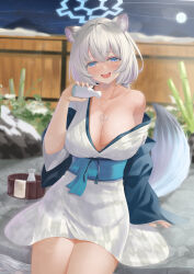Rule 34 | 1girl, absurdres, alternate hair color, animal ears, arikawa rui, bath yukata, blue archive, blush, bottle, breasts, bucket, cleavage, full moon, halo, hanten (clothes), highres, holding, holding bottle, japanese clothes, kimono, large breasts, looking at viewer, moon, shigure (blue archive), shigure (hot spring) (blue archive), single bare shoulder, sitting, smile, solo, tail, tokkuri, wakamezake, weasel ears, weasel tail, wooden bucket, wooden wall, yukata