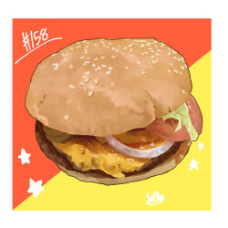 Rule 34 | absurdres, bread, burger, cheese, food, food focus, highres, meat, no humans, onion, original, sesame seeds, takisou sou, tomato, tomato slice
