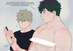 Rule 34 | 2boys, alternate pectoral size, bakugou katsuki, bar censor, blush, boku no hero academia, breast envy, censored, english text, from side, highres, holding, holding phone, large pectorals, looking at another, looking down, male focus, meme, midoriya izuku, multiple boys, muscle envy, muscular, muscular male, nude, aged up, girl staring at guys chest (meme), pectoral focus, pectorals, phone, short hair, sideburns, sweatdrop, upper body, wide-eyed, xiieru