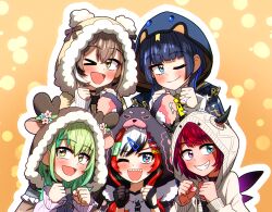 Rule 34 | 5girls, blue eyes, blue hair, brown eyes, brown hair, ceres fauna, ddolbang, green hair, hakos baelz, heterochromia, highres, holocouncil, hololive, hololive english, hood, horns, irys (casualrys) (hololive), irys (hololive), looking at viewer, multicolored hair, multiple girls, nanashi mumei, nanashi mumei (casual), one eye closed, ouro kronii, ouro kronii (casual), purple eyes, purple hair, red hair, smile, virtual youtuber, wings, yellow eyes