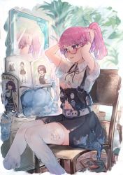 Rule 34 | 1girl, absurdres, arm up, belt, belt buckle, black ribbon, black skirt, blush, book, breasts, buckle, collared shirt, commentary request, dissolving clothes, dress shirt, feet out of frame, glasses, high-waist skirt, highres, hiiragi mikoto, long hair, medium breasts, mirror, monster girl, navel, neck ribbon, no bra, on chair, open book, open mouth, original, ponytail, purple-framed eyewear, purple eyes, purple hair, reflection, ribbon, round eyewear, shirt, short sleeves, sitting, skirt, slime girl, solo, suspender skirt, suspenders, thighhighs, tying hair, underboob, v-shaped eyebrows, wavy mouth, white shirt, white thighhighs, zettai ryouiki