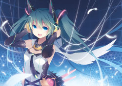 Rule 34 | 1girl, :d, bad id, bad pixiv id, bare shoulders, blue eyes, detached sleeves, feathers, green hair, hands on headphones, hatsune miku, hatsune miku (append), headphones, hexagon, katou itsuwa, long hair, open mouth, smile, solo, twintails, vocaloid, vocaloid append