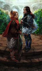 Rule 34 | 2girls, anklet, armor, armored dress, bad cghub id, bad id, blue skirt, brown hair, cape, curly hair, earrings, fantasy, gauntlets, greaves, hands on hilt, high collar, highres, jewelry, legs together, long hair, looking at viewer, multiple girls, orange hair, original, plant, pointy ears, red footwear, saskia gutekunst, shield, shoes, signature, skirt, standing, sword, weapon