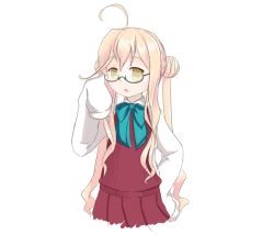 Rule 34 | 10s, 1girl, adjusting eyewear, ahoge, bow, double bun, glasses, hair bun, hand on own hip, highres, kantai collection, long hair, makigumo (kancolle), open mouth, oversized clothes, pink hair, school uniform, simple background, sleeves past wrists, solo, twintails, white background, yellow eyes