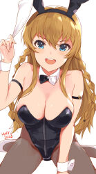 Rule 34 | 1girl, animal ear hairband, animal ears, arm strap, arm support, bare shoulders, black hairband, black leotard, blush, braid, breasts, brown hair, brown pantyhose, cleavage, collar, collarbone, detached collar, dot nose, fake animal ears, hairband, highres, holding ear, idolmaster, idolmaster million live!, idolmaster million live! theater days, kousaka umi, leotard, long hair, looking at viewer, medium breasts, open mouth, pantyhose, playboy bunny, rabbit ear hairband, rabbit ears, shoes, simple background, sitting, smile, solo, strapless, strapless leotard, teeth, tetsujin momoko, twin braids, two-tone bowtie, upper teeth only, wariza, white background, white collar, white footwear, white wrist cuffs, wrist cuffs, zipper