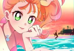 Rule 34 | 2girls, bikini, blurry, blurry background, commentary, depth of field, green eyes, hair pulled back, hair ribbon, halterneck, head rest, highres, jewelry, laura la mer, leaning forward, looking at viewer, medium hair, mitsuki tayura, multiple girls, natsuumi manatsu, necklace, ocean, orange hair, orange sky, pink bikini, precure, ribbon, shell, shell necklace, side ponytail, sitting, sky, solo focus, swimsuit, tropical-rouge! precure, twilight, wet, yellow ribbon
