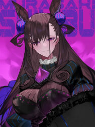Rule 34 | 1girl, black dress, black hair, breasts, character name, closed mouth, commentary, cone hair bun, double bun, dress, english text, fate/grand order, fate (series), flprayer, gem, hair bun, hair ornament, highres, holding, large breasts, large pectorals, long hair, looking at viewer, murasaki shikibu (fate), parasol, pectorals, puff and slash sleeves, puffy sleeves, purple eyes, purple gemstone, smile, solo, umbrella, very long hair