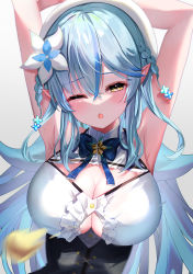 Rule 34 | 1girl, :o, aqua hair, arms behind head, arms up, bare arms, blue bow, blue bowtie, blue hair, bow, bowtie, braid, breasts, cleavage, cleavage cutout, clothing cutout, crossed bangs, flower, frills, grey background, hair flower, hair ornament, highres, hololive, large breasts, multicolored hair, one eye closed, pointy ears, shirt, sidelocks, solo, streaked hair, taut clothes, taut shirt, upper body, virtual youtuber, yukihana lamy, yukisuke (user gtmm7833)