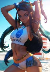 Rule 34 | 1girl, armlet, armpits, arms behind head, arms up, beach, belly chain, bikini, black hair, blue eyes, blue hair, blue sky, breasts, contrapposto, creatures (company), dark-skinned female, dark skin, day, earrings, eyeliner, game freak, gloves, gym leader, hair bun, hand in own hair, highres, hoop earrings, jewelry, long hair, looking at viewer, makeup, medium breasts, multicolored hair, navel, necklace, nessa (pokemon), nintendo, outdoors, parted lips, pokemon, pokemon swsh, sand, signature, single hair bun, sky, solo, stanley lau, sunlight, swimsuit, tankini, toned, two-tone hair