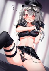 Rule 34 | 1girl, @ @, absurdres, belt, black hair, blush, bound, bound wrists, breasts, camera, crop top, cuffs, gloves, grey hair, hair ornament, handcuffs, hat, highres, hololive, long hair, looking at viewer, medium breasts, multicolored hair, open mouth, pencil skirt, police, police hat, police uniform, policewoman, red eyes, sakamata chloe, shouu-kun, single thighhigh, skirt, solo, streaked hair, sweat, thighhighs, uniform, virtual youtuber, x hair ornament
