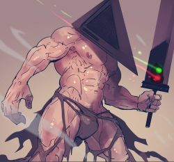 Rule 34 | 1boy, abs, alternate weapon, bara, bare pectorals, briefs, bulge, feet out of frame, glowing, helmet, large hands, large pectorals, male focus, male underwear, muscular, navel, nipples, pectorals, pyramid head, rybiok, silent hill (series), silent hill 2, solo, sword, thick thighs, thighs, torn clothes, underwear, weapon