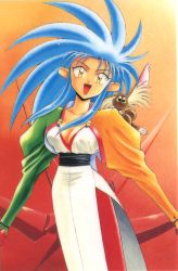 Rule 34 | 1990s (style), 1girl, animal, animal on shoulder, artist request, asymmetrical sleeves, blue hair, breasts, cleavage, fang, juliet sleeves, long hair, long sleeves, mismatched sleeves, narrow waist, official art, open mouth, puffy sleeves, retro artstyle, ryou-ouki, ryouko (tenchi muyou!), sidelocks, solo, spiked hair, tenchi muyou!, yellow eyes