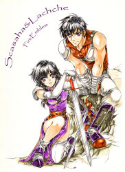 Rule 34 | 1boy, 1girl, :d, armor, black hair, boots, brother and sister, character name, copyright name, dress, elbow gloves, fingerless gloves, fire emblem, fire emblem: genealogy of the holy war, gloves, kneeling, larcei (fire emblem), nintendo, open mouth, purple eyes, scathach (fire emblem), short hair, shoulder pads, siblings, side slit, single thighhigh, smile, sword, tamiya akito, thighhighs, weapon, white thighhighs, wrist wrap