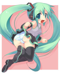 Rule 34 | 1girl, ass, bad id, bad pixiv id, boots, cameltoe, cleft of venus, detached sleeves, green eyes, green hair, hatsune miku, long hair, looking back, matching hair/eyes, necktie, panties, skirt, smile, solo, striped clothes, striped panties, thigh boots, thighhighs, trefoil, tsudero, twintails, underwear, very long hair, vocaloid, zettai ryouiki