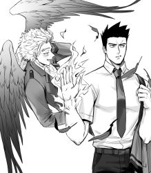 Rule 34 | 2boys, absurdres, blush, boku no hero academia, endeavor (boku no hero academia), feathered wings, fire, flying, formal, greyscale, hawks (boku no hero academia), helen roro, highres, looking to the side, male focus, monochrome, multiple boys, necktie, pectorals, pushing away, scar, scar across eye, scar on face, shirt, short hair, sideburns, spiked hair, toned, toned male, wings, yaoi, aged down