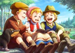 Rule 34 | 1girl, 2boys, :d, abel (makiba no shoujo katri), blonde hair, blue sky, blue vest, blush stickers, book, braid, brown footwear, brown shirt, cow, day, dog, hat, highres, katri ukonniemi, laughing, long hair, makiba no shoujo katri, martti halma, multiple boys, nakajima majikana, open book, open mouth, outdoors, pekka (makiba no shoujo katri), red vest, shirt, sitting, sky, smile, tree, vest