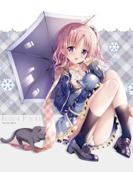 Rule 34 | 1girl, :d, animal, black cat, black footwear, black socks, blue jacket, blue skirt, blush, breasts, brown scarf, cat, commentary request, dress shirt, fingernails, hair between eyes, hands up, head tilt, holding, holding umbrella, izumi kaori (twinbox), jacket, large breasts, loafers, long sleeves, looking at viewer, one side up, open mouth, original, panties, pantyshot, plaid, plaid background, plaid scarf, pleated skirt, ponytail, purple eyes, scarf, school uniform, shirt, shoes, sitting, skirt, sleeves past wrists, smile, snowflakes, socks, solo, sousouman, umbrella, underwear, white panties, white shirt