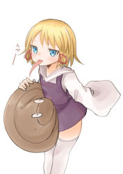 Rule 34 | 1girl, absurdres, blonde hair, blue eyes, feet out of frame, hair ribbon, hat, unworn hat, unworn headwear, highres, holding, holding clothes, holding hat, jitome, legs together, long tongue, moriya suwako, ribbon, shiki karin, short hair, sleeves past fingers, sleeves past wrists, solo, standing, thighhighs, tongue, touhou, white thighhighs, zettai ryouiki