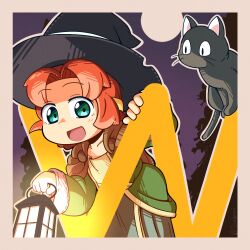 Rule 34 | 1girl, 1segani, alphabet, black cat, black cat (hearthstone), black hat, brown cape, cape, cat, full moon, glowing, green eyes, hat, hearthstone, holding, holding lantern, lantern, long sleeves, looking at viewer, moon, night, open mouth, orange hair, outline, solo, sorcerer&#039;s apprentice, twitter username, warcraft, white outline, witch hat
