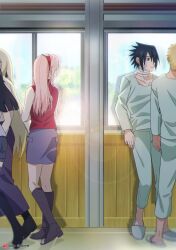 2boys 3girls absurdres bandages black_eyes black_hair blue_sky closed_mouth haruno_sakura highres hospital_gown hyuuga_hinata indoors kneepits long_hair long_sleeves multiple_boys multiple_girls naruto_(series) naruto_shippuuden niku_(ni23ku) ninja purple_skirt red_shirt shirt short_hair skirt sky sleeveless sleeveless_shirt slippers spiked_hair standing toeless_footwear tree uchiha_sasuke uzumaki_naruto walking window yamanaka_ino