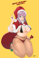 Rule 34 | 1girl, artist name, bare shoulders, blue eyes, bobobong, breasts, capelet, christmas, closed mouth, commentary, covered erect nipples, fingernails, fur trim, green footwear, green nails, hair ornament, hand up, hat, highres, holding, kneeling, large breasts, lips, looking at viewer, merry christmas, mouth hold, nail polish, original, panties, panties under pantyhose, pantyhose, pom pom (clothes), purple hair, sack, santa costume, santa hat, see-through, see-through legwear, shiny skin, signature, simple background, smile, underwear, v, yellow background