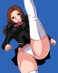 Rule 34 | 1990s (style), 1girl, agent aika, aika (series), black delmo, blue background, brown hair, delmo, dress, female focus, fighting, from below, kicking, leg lift, lowres, matoyama, oekaki, panties, pantyshot, pencil skirt, retro artstyle, short dress, skin tight, skirt, thighhighs, thighs, underwear, uniform, white panties, white thighhighs