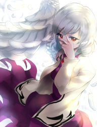 Rule 34 | 1girl, angel wings, backlighting, dress, feathers, hand on own face, jacket, kishin sagume, long sleeves, looking at viewer, nagare, open clothes, open jacket, purple dress, red eyes, silver hair, single wing, solo, touhou, wings