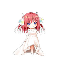 Rule 34 | &gt;:), 1girl, blue eyes, blush, breasts, closed mouth, collarbone, detached sleeves, dress, eyebrows hidden by hair, full body, go-toubun no hanayome, hair ribbon, highres, kuena, long hair, long sleeves, medium breasts, nakano nino, red hair, ribbon, shoes, simple background, smile, solo, standing, strapless, strapless dress, two side up, v-shaped eyebrows, wedding dress, white background, white dress, white footwear, white ribbon, white sleeves