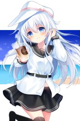 Rule 34 | 1girl, beach, bird, black skirt, black thighhighs, blue eyes, blush, cafe au lait, coffee, cup, day, drink, drinking straw, flat cap, hammer and sickle, hat, hibiki (kancolle), highres, holding, holding cup, kantai collection, long hair, long sleeves, motohara moka, sailor collar, sand, skirt, sky, smile, solo, star (symbol), thighhighs, verniy (kancolle), white hair, white hat