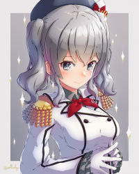 Rule 34 | absurdres, arthur ko, beret, blue eyes, border, breasts, buttons, epaulettes, fingers together, frilled sleeves, frills, gloves, grey background, grey eyes, hair between eyes, hat, highres, jacket, kantai collection, kashima (kancolle), kerchief, large breasts, long sleeves, looking at viewer, military, military jacket, military uniform, neckerchief, red neckerchief, silver hair, solo, twintails, uniform, upper body, wavy hair, white border, white gloves, white jacket