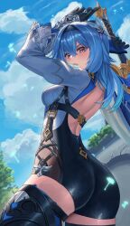 Rule 34 | 1girl, absurdres, arm guards, arms up, ass, backless outfit, belt, black gloves, black hairband, black leotard, black thighhighs, blue cape, blue hair, blush, breasts, brown eyes, cape, dandelion seed, eula (genshin impact), genshin impact, gloves, greatsword, hair ornament, hairband, highres, large breasts, leotard, long sleeves, looking at viewer, looking back, medium hair, necktie, open mouth, shirt, sidelocks, solo, song of broken pines (genshin impact), sword, takinashi (friend coffee), thighhighs, thighs, underbust, white shirt