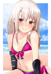 Rule 34 | 1girl, asymmetrical gloves, bare shoulders, beach, bikini, black gloves, blue sky, blush, breasts, cleavage, collarbone, day, fate/grand order, fate/kaleid liner prisma illya, fate (series), fingerless gloves, front-tie top, gloves, grin, highres, illyasviel von einzbern, illyasviel von einzbern (swimsuit archer), illyasviel von einzbern (swimsuit archer) (third ascension), long hair, looking at viewer, mochi (k620803n), navel, ocean, outdoors, pink bikini, red eyes, revision, shore, side-tie bikini bottom, sky, small breasts, smile, swimsuit, teeth, uneven gloves, white hair