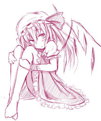 Rule 34 | 1girl, blush, chata maru (irori sabou), female focus, flandre scarlet, hat, hugging own legs, long hair, looking at viewer, monochrome, no nose, simple background, solo, touhou, white background, wings