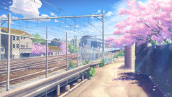 Rule 34 | 485 series, chain-link fence, cherry blossoms, day, fence, highres, no humans, original, scenery, sky, traffic mirror, train, yuuko-san
