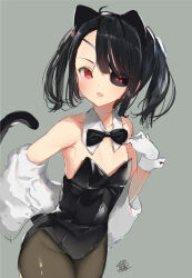 Rule 34 | 1girl, alternate hairstyle, animal ears, bad id, bad pixiv id, bare shoulders, black hair, blunt bangs, blush, brown pantyhose, cat ears, cat tail, commentary request, detached collar, duplicate, eyepatch, fake animal ears, fang, flat chest, gloves, highres, kittysuit, leotard, looking at viewer, mirai (senran kagura), nontraditional playboy bunny, open mouth, pantyhose, pixel-perfect duplicate, playboy bunny, red eyes, senran kagura, short hair, sidelocks, signature, simple background, sketch, solo, tail, tomoe (symbol), twintails, white gloves, wrist cuffs, yaegashi nan