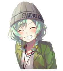 Rule 34 | 1girl, ^ ^, aqua hair, bang dream!, beanie, blush, bow, braid, closed eyes, facing viewer, green jacket, grey hat, grin, hair bow, hat, headwear writing, hikawa hina, jacket, jewelry, pendant, short hair, side braids, simple background, smile, solo, unapoppo, upper body, white background, yellow bow