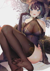 Rule 34 | 1girl, absurdres, azur lane, bad id, bad pixiv id, bare shoulders, black headwear, blue eyes, blue hair, breasts, cheshire (azur lane), cheshire (cait sith crooner) (azur lane), china dress, chinese clothes, cleavage, dress, elbow gloves, feather boa, gloves, highres, huge filesize, large breasts, looking at viewer, multicolored hair, official alternate costume, pelvic curtain, purple dress, purple gloves, purple hair, see-through, see-through cleavage, shadow, short hair, sleeveless, sleeveless dress, streaked hair, thighhighs, thighs, xiongshouji